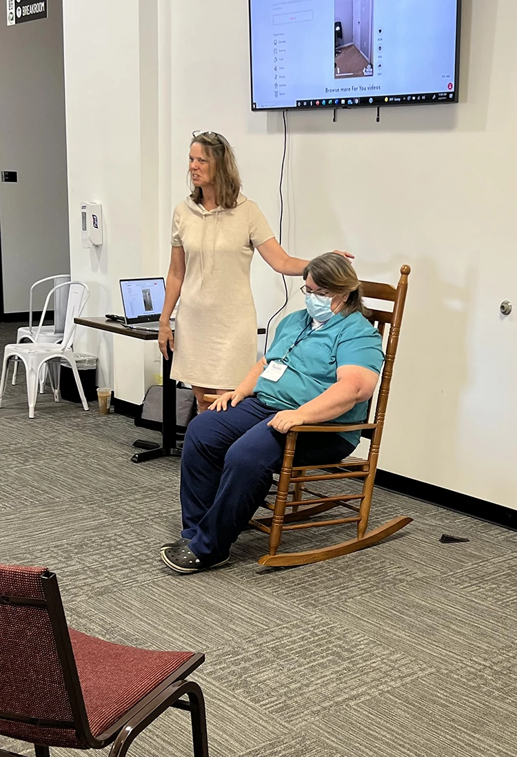 Missy Harden and Lisa Blackburn (our nurse) role playing at another Dementia Care Seminar we sponsored in June
