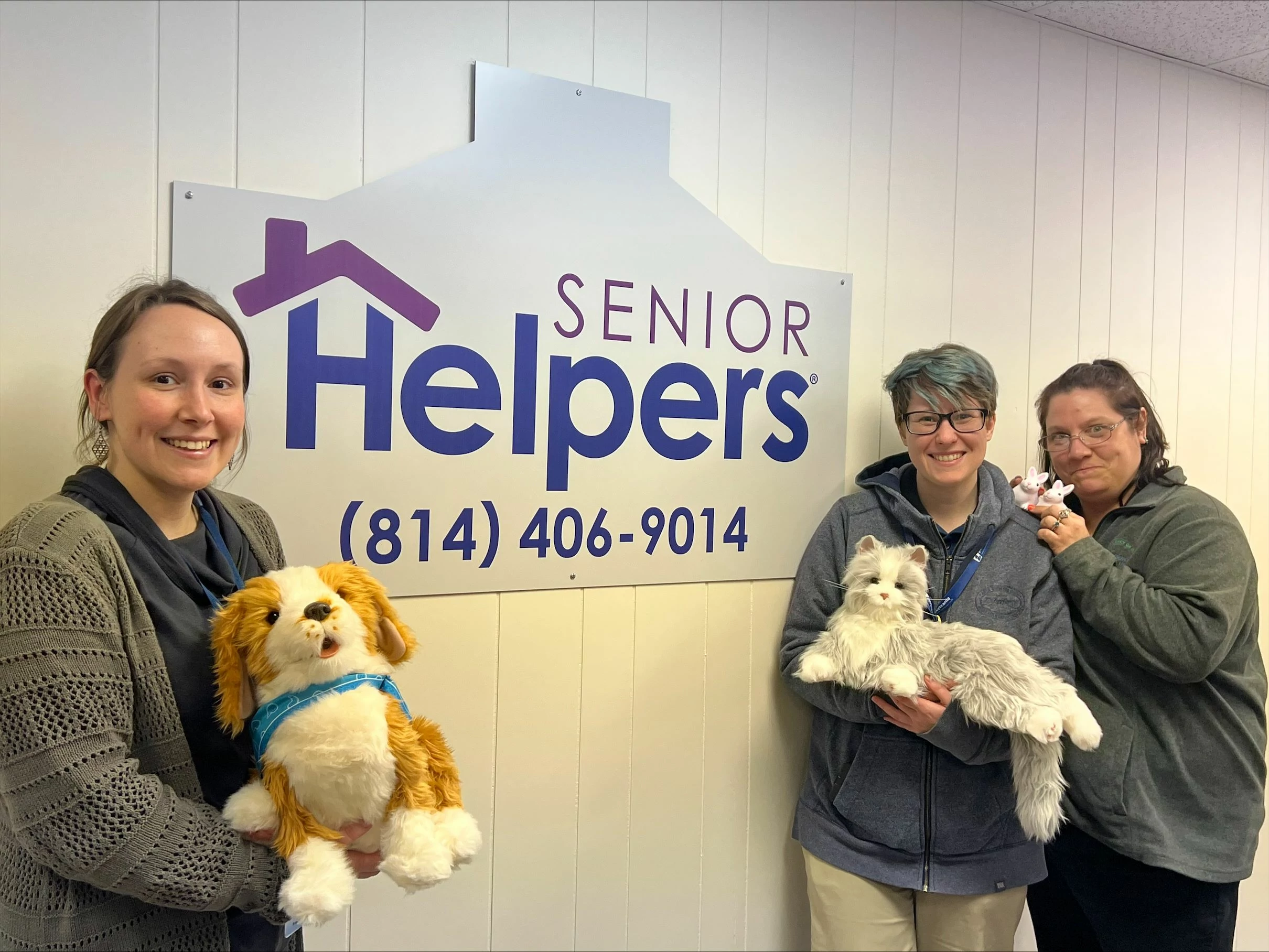 Our local Area Agency on Aging/Experience Inc. members visiting with some of our caregivers to talk about their Robotic Pet Program