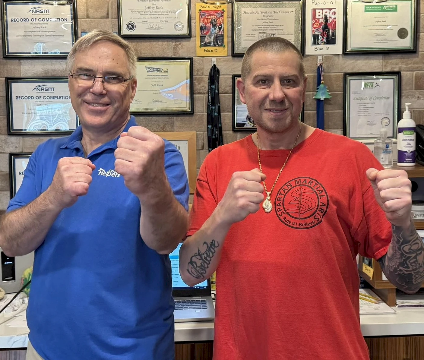 April 2025 PUNCH-A-THON FUNDRAISER! Congratulations to owner, Steve Smela (in blue) who unleashed 126 punches in one minute to raise funds the RSB Punch-a-thon Fight Back Against Parkinson’s! Jeff Rank (in red) is the Rock Steady Boxing Program Director at The Commons on Marice in Eagan.