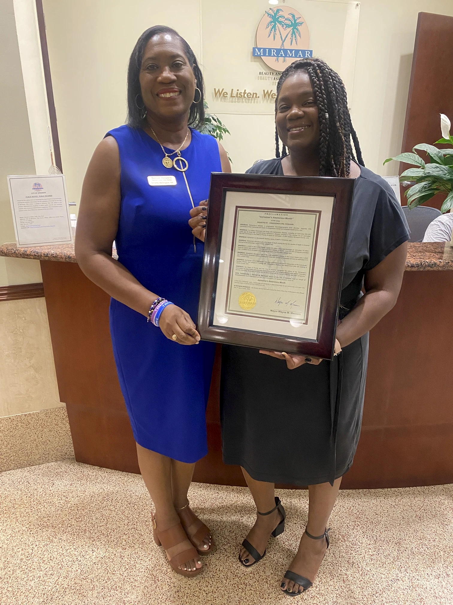 Annette Wellington receives proclamation from the city of Miramar on behalf of the Alzheimer's Association